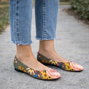Osborn Handcrafted Floral Ballet Flats Leather Sole Canvas Slip On Women’s Sz 40